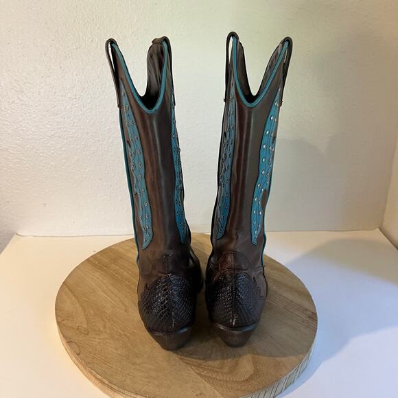 BCBG Y2K Brown Genuine Leather Studded Western Turquoise Boots Size 8.5 - Picture 8 of 16